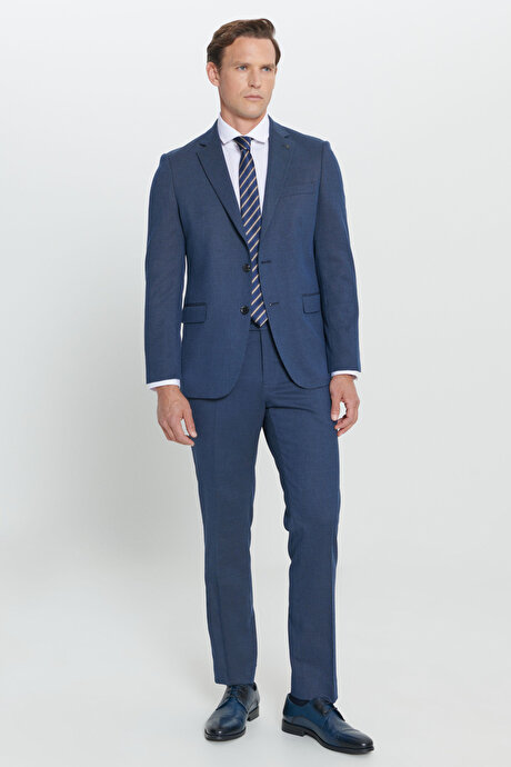Regular Fit Geniş Kesim Mono Yaka Desenli Lacivert Takım Elbise resmi