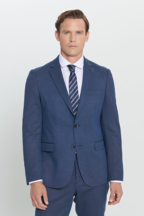 Regular Fit Geniş Kesim Mono Yaka Desenli Lacivert Takım Elbise resmi