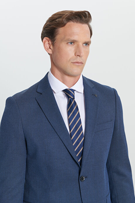 Regular Fit Geniş Kesim Mono Yaka Desenli Lacivert Takım Elbise resmi