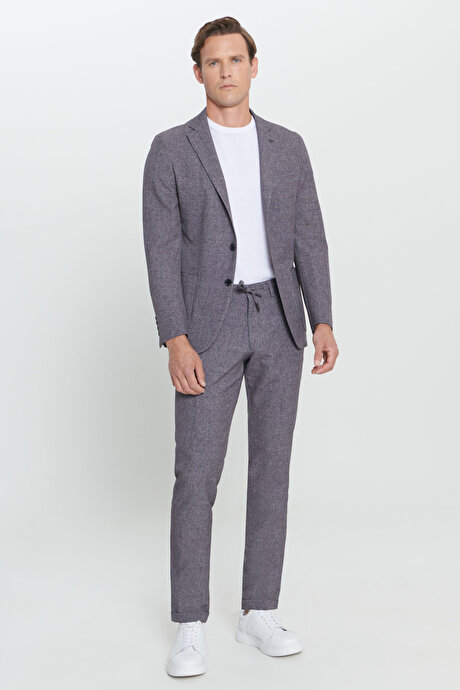 Slim Fit Dar Kesim Mono Yaka Seyahat Çantalı Desenli Siyah-Füme Takım Elbise resmi