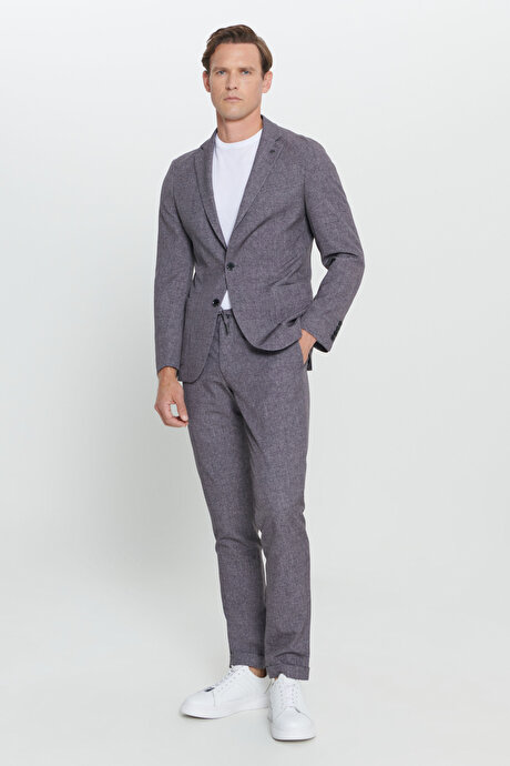 Slim Fit Dar Kesim Mono Yaka Seyahat Çantalı Desenli Siyah-Füme Takım Elbise resmi