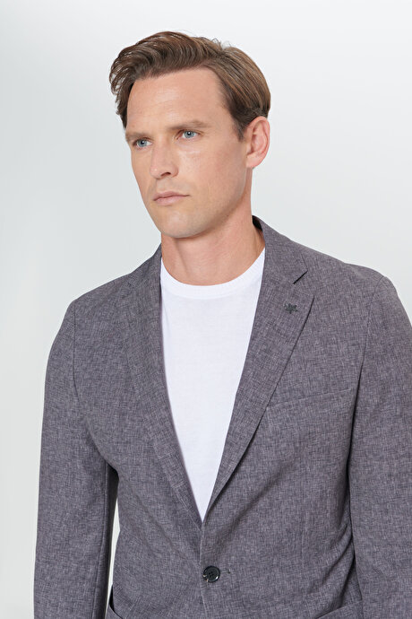 Slim Fit Dar Kesim Mono Yaka Seyahat Çantalı Desenli Siyah-Füme Takım Elbise resmi