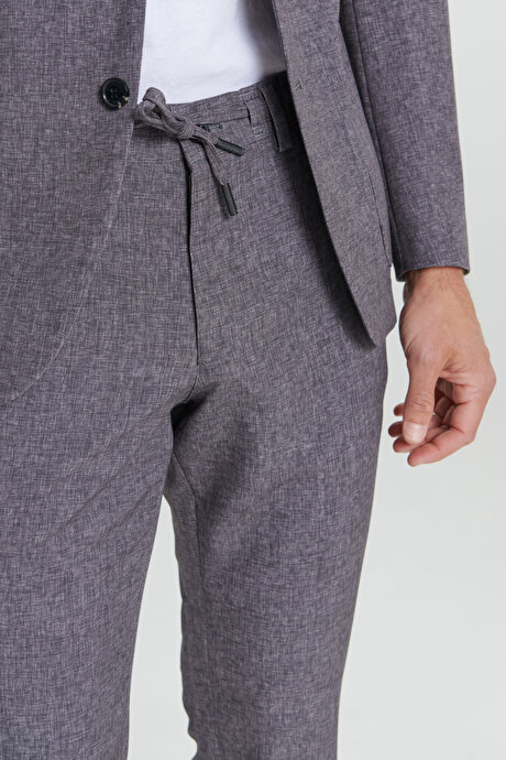 Slim Fit Dar Kesim Mono Yaka Seyahat Çantalı Desenli Siyah-Füme Takım Elbise resmi