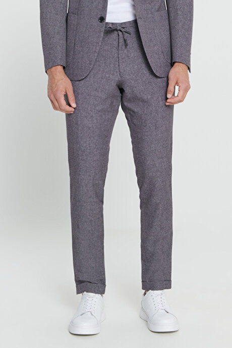 Slim Fit Dar Kesim Mono Yaka Seyahat Çantalı Desenli Siyah-Füme Takım Elbise resmi