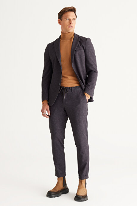 Slim Fit Dar Kesim Mono Yaka Çizgili Antrasit-Kahverengi Takım Elbise resmi