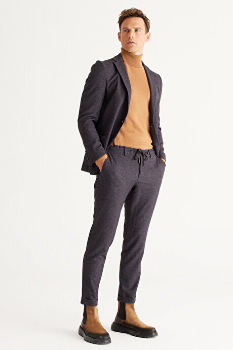 Slim Fit Dar Kesim Mono Yaka Çizgili Antrasit-Kahverengi Takım Elbise resmi