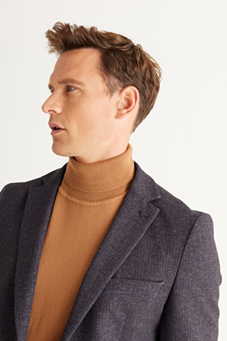 Slim Fit Dar Kesim Mono Yaka Çizgili Antrasit-Kahverengi Takım Elbise resmi