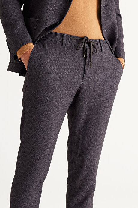 Slim Fit Dar Kesim Mono Yaka Çizgili Antrasit-Kahverengi Takım Elbise resmi