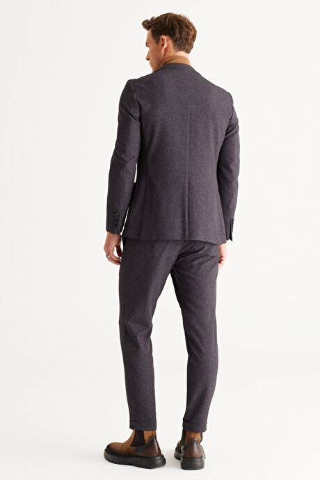 Slim Fit Dar Kesim Mono Yaka Çizgili Antrasit-Kahverengi Takım Elbise resmi