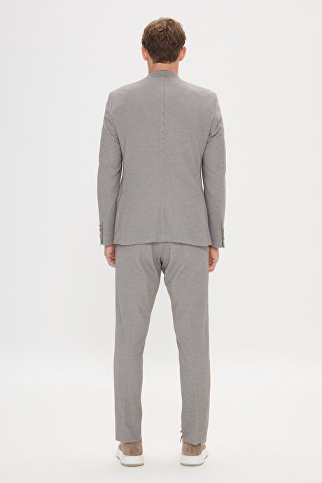 Slim Fit Dar Kesim Mono Yaka Çizgili Vizon Takım Elbise resmi