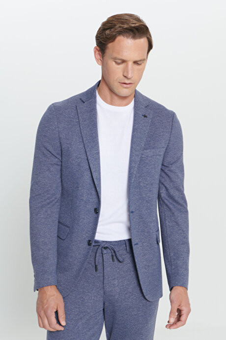 Slim Fit Dar Kesim Mono Yaka Desenli Beli Bağlamalı Lacivert-Beyaz Takım Elbise resmi