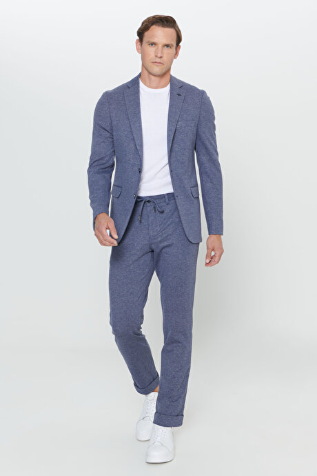 Slim Fit Dar Kesim Mono Yaka Desenli Beli Bağlamalı Lacivert-Beyaz Takım Elbise resmi