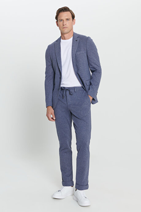 Slim Fit Dar Kesim Mono Yaka Desenli Beli Bağlamalı Lacivert-Beyaz Takım Elbise resmi