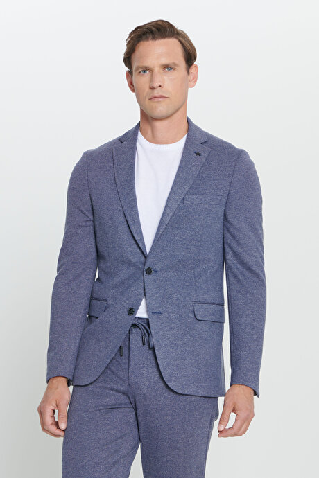 Slim Fit Dar Kesim Mono Yaka Desenli Beli Bağlamalı Lacivert-Beyaz Takım Elbise resmi