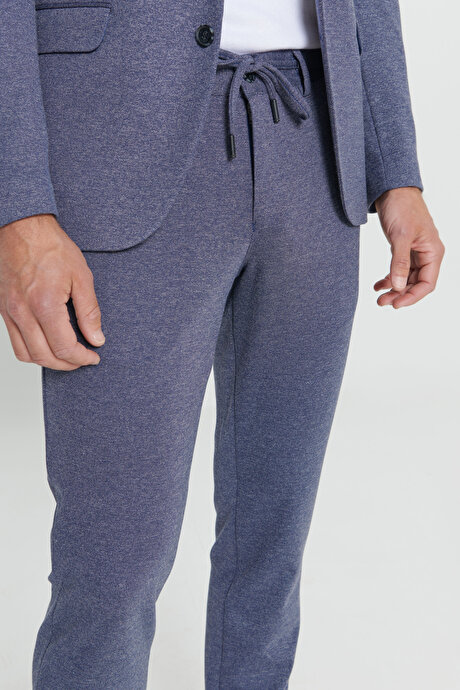 Slim Fit Dar Kesim Mono Yaka Desenli Beli Bağlamalı Lacivert-Beyaz Takım Elbise resmi