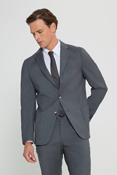 Slim Fit Dar Kesim Mono Yaka %100 Yün Gri Takım Elbise resmi