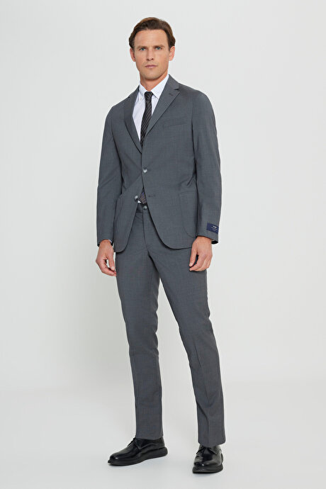 Slim Fit Dar Kesim Mono Yaka %100 Yün Gri Takım Elbise resmi