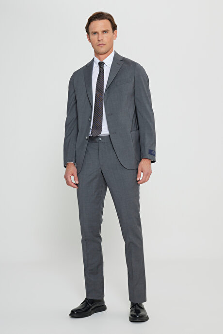 Slim Fit Dar Kesim Mono Yaka %100 Yün Gri Takım Elbise resmi