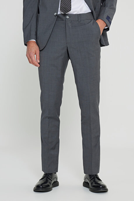 Slim Fit Dar Kesim Mono Yaka %100 Yün Gri Takım Elbise resmi