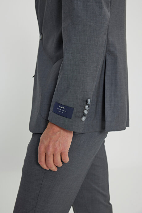 Slim Fit Dar Kesim Mono Yaka %100 Yün Gri Takım Elbise resmi