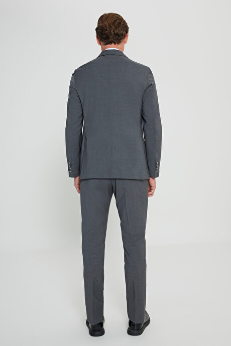 Slim Fit Dar Kesim Mono Yaka %100 Yün Gri Takım Elbise resmi