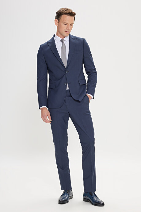 Slim Fit Dar Kesim Kırlangıç Yaka Çizgili Lacivert-Gri Takım Elbise resmi