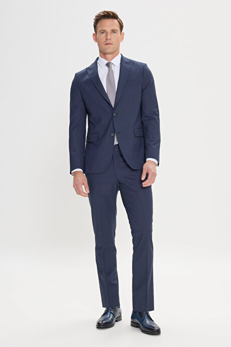 Slim Fit Dar Kesim Kırlangıç Yaka Çizgili Lacivert-Gri Takım Elbise resmi