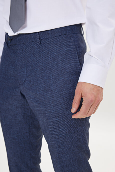 Slim Fit Dar Kesim Mono Yaka Desenli Mavi Takım Elbise resmi