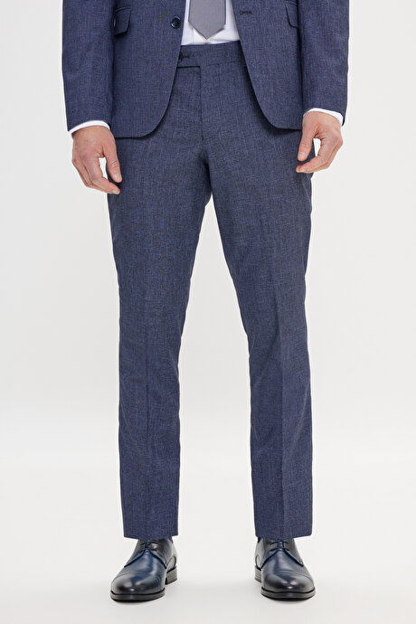 Slim Fit Dar Kesim Mono Yaka Desenli Mavi Takım Elbise resmi