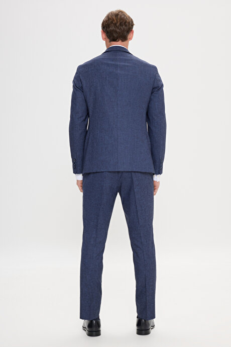 Slim Fit Dar Kesim Mono Yaka Desenli Mavi Takım Elbise resmi