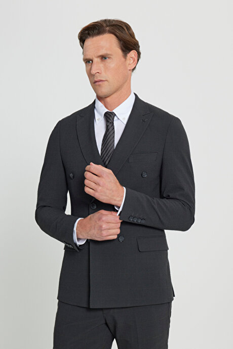 Ekstra Slim Fit Dar Kesim Kırlangıç Yaka Kapak Cepli Gofre Desenli Esnek Antrasit-Kahverengi Takım Elbise resmi