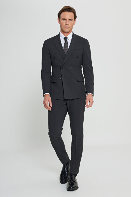 Ekstra Slim Fit Dar Kesim Kırlangıç Yaka Kapak Cepli Gofre Desenli Esnek Antrasit-Kahverengi Takım Elbise resmi