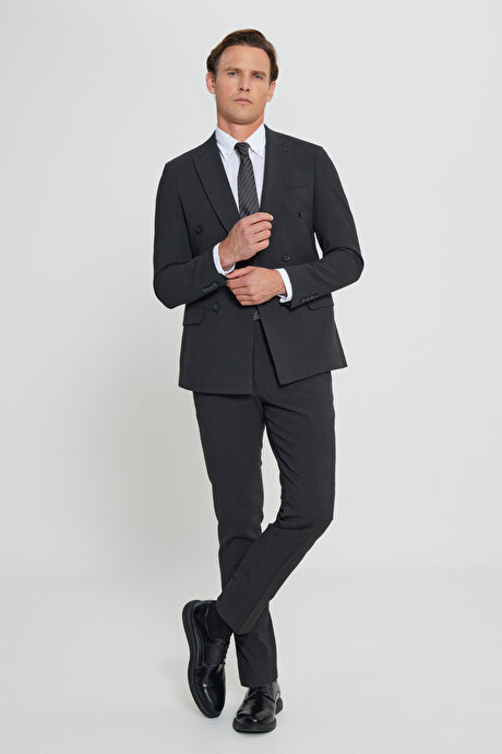 Ekstra Slim Fit Dar Kesim Kırlangıç Yaka Kapak Cepli Gofre Desenli Esnek Antrasit-Kahverengi Takım Elbise resmi