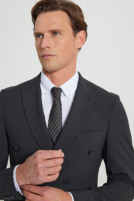 Ekstra Slim Fit Dar Kesim Kırlangıç Yaka Kapak Cepli Gofre Desenli Esnek Antrasit-Kahverengi Takım Elbise resmi