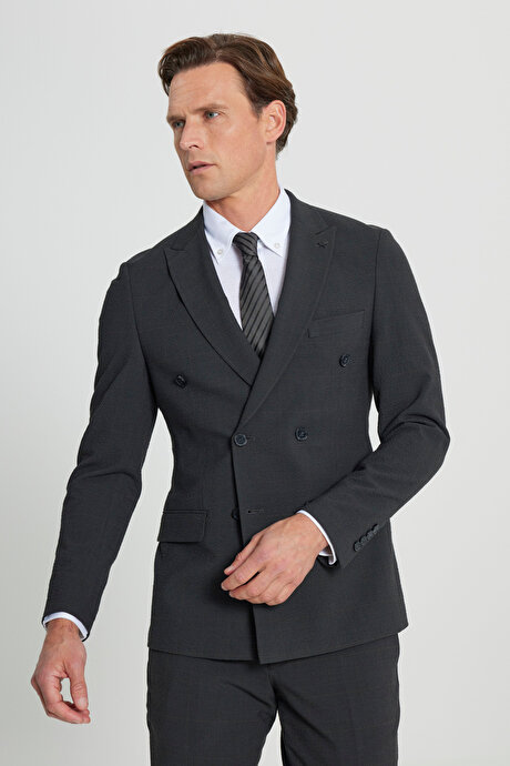 Ekstra Slim Fit Dar Kesim Kırlangıç Yaka Kapak Cepli Gofre Desenli Esnek Antrasit-Kahverengi Takım Elbise resmi