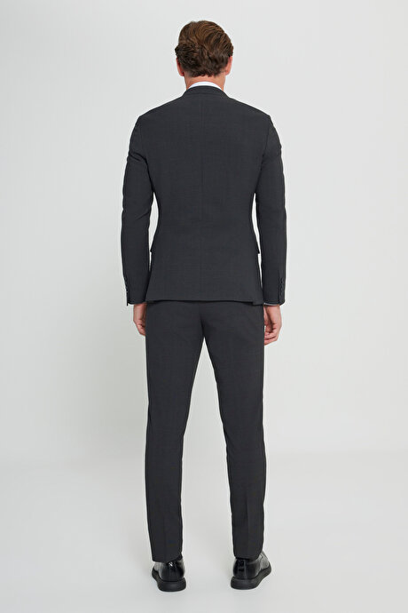 Ekstra Slim Fit Dar Kesim Kırlangıç Yaka Kapak Cepli Gofre Desenli Esnek Antrasit-Kahverengi Takım Elbise resmi