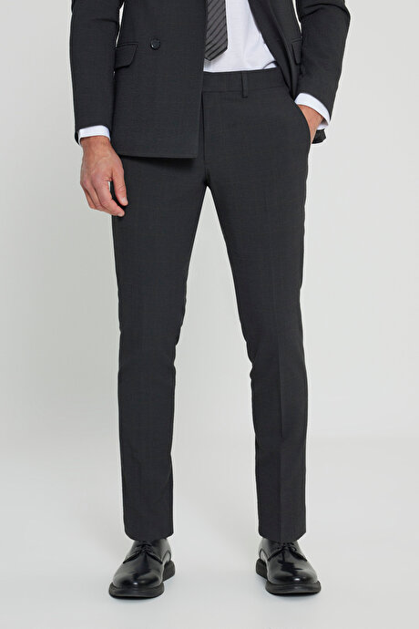 Ekstra Slim Fit Dar Kesim Kırlangıç Yaka Kapak Cepli Gofre Desenli Esnek Antrasit-Kahverengi Takım Elbise resmi