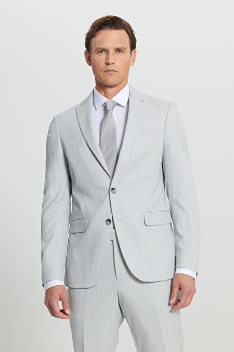 Slim Fit Dar Kesim Kırlangıç Yaka Kapak Cepli Esnek Açık Gri Takım Elbise resmi