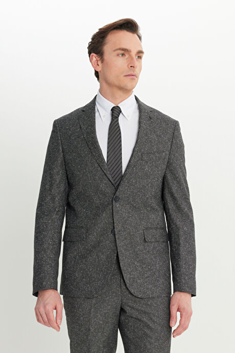 Slim Fit Dar Kesim Mono Yaka Kapak Cepli Tweet Desenli Esnek Siyah-Gri Takım Elbise resmi