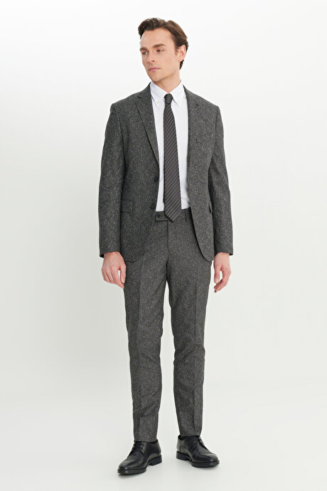 Slim Fit Dar Kesim Mono Yaka Kapak Cepli Tweet Desenli Esnek Siyah-Gri Takım Elbise resmi