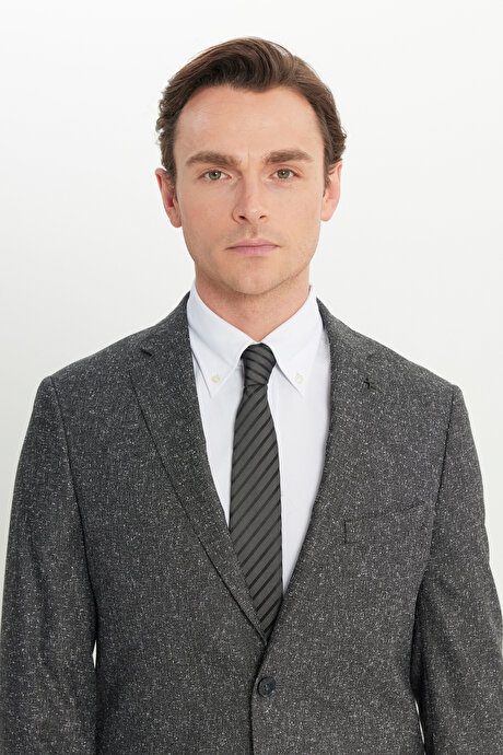 Slim Fit Dar Kesim Mono Yaka Kapak Cepli Tweet Desenli Esnek Siyah-Gri Takım Elbise resmi