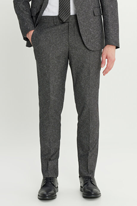 Slim Fit Dar Kesim Mono Yaka Kapak Cepli Tweet Desenli Esnek Siyah-Gri Takım Elbise resmi