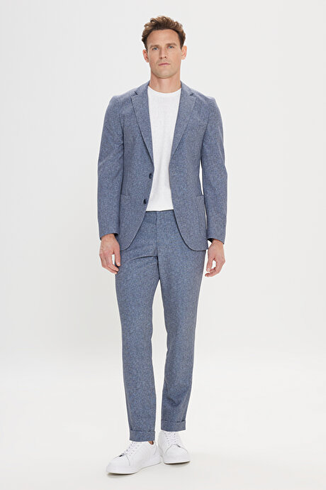 Slim Fit Dar Kesim Mono Yaka Beli Bağlamalı Desenli Lacivert Takım Elbise resmi