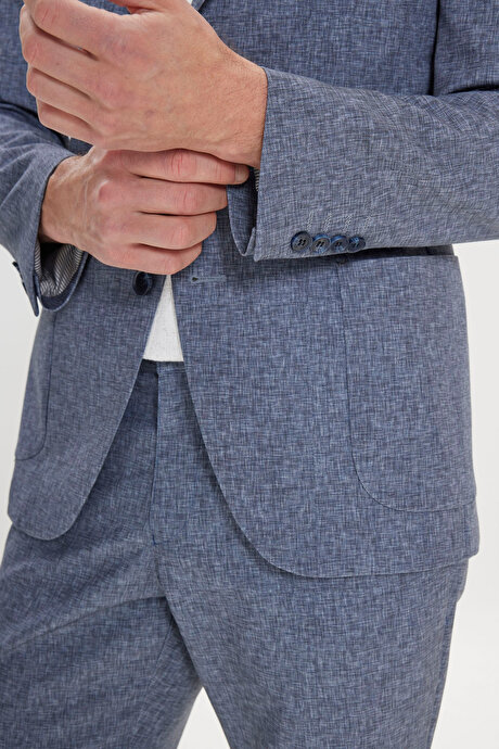 Slim Fit Dar Kesim Mono Yaka Beli Bağlamalı Desenli Lacivert Takım Elbise resmi