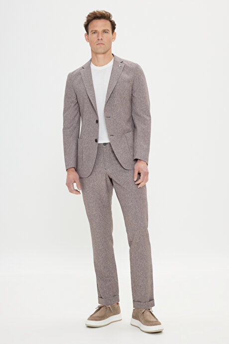 Slim Fit Dar Kesim Mono Yaka Beli Bağlamalı Desenli Vizon Takım Elbise resmi