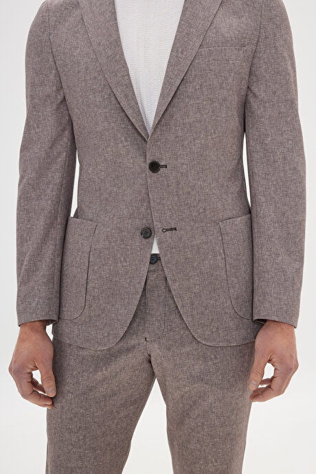 Slim Fit Dar Kesim Mono Yaka Beli Bağlamalı Desenli Vizon Takım Elbise resmi