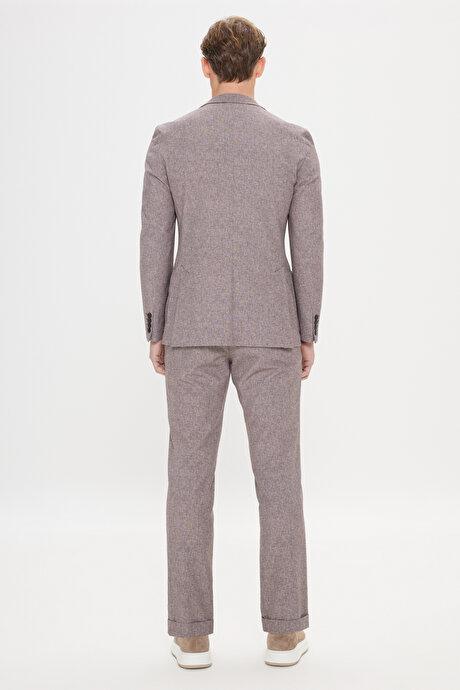 Slim Fit Dar Kesim Mono Yaka Beli Bağlamalı Desenli Vizon Takım Elbise resmi