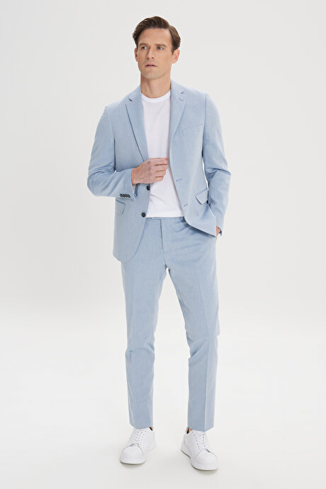 Slim Fit Dar Kesim Mono Yaka Pamuklu Diagonal Desenli Mavi Takım Elbise resmi