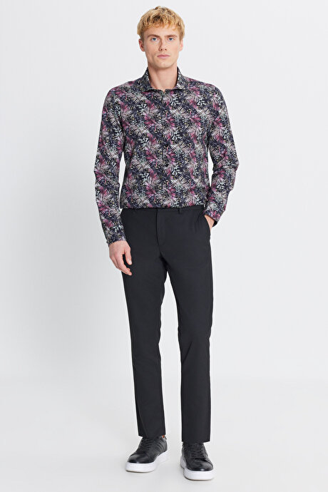 Slim Fit Dar Kesim Yünlü Yan Cepli Siyah Pantolon resmi