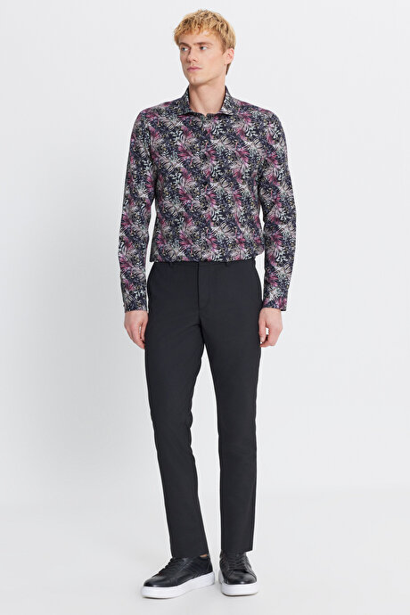 Slim Fit Dar Kesim Yünlü Yan Cepli Siyah Pantolon resmi